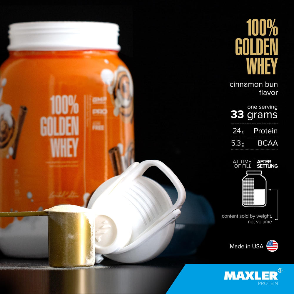 Maxler Golden Whey scoop highlights convenient serving sizes