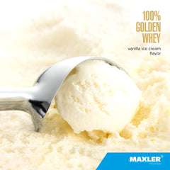 Glass of Maxler Golden Whey shake highlighting smooth texture.
