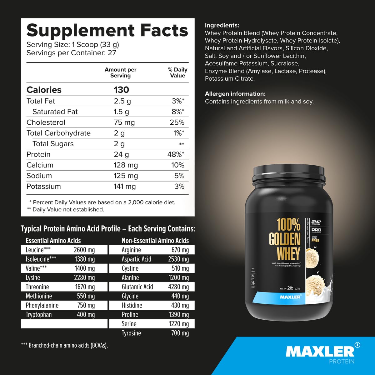 Vanilla ice cream flavor Maxler Golden Whey powder in a spoon.