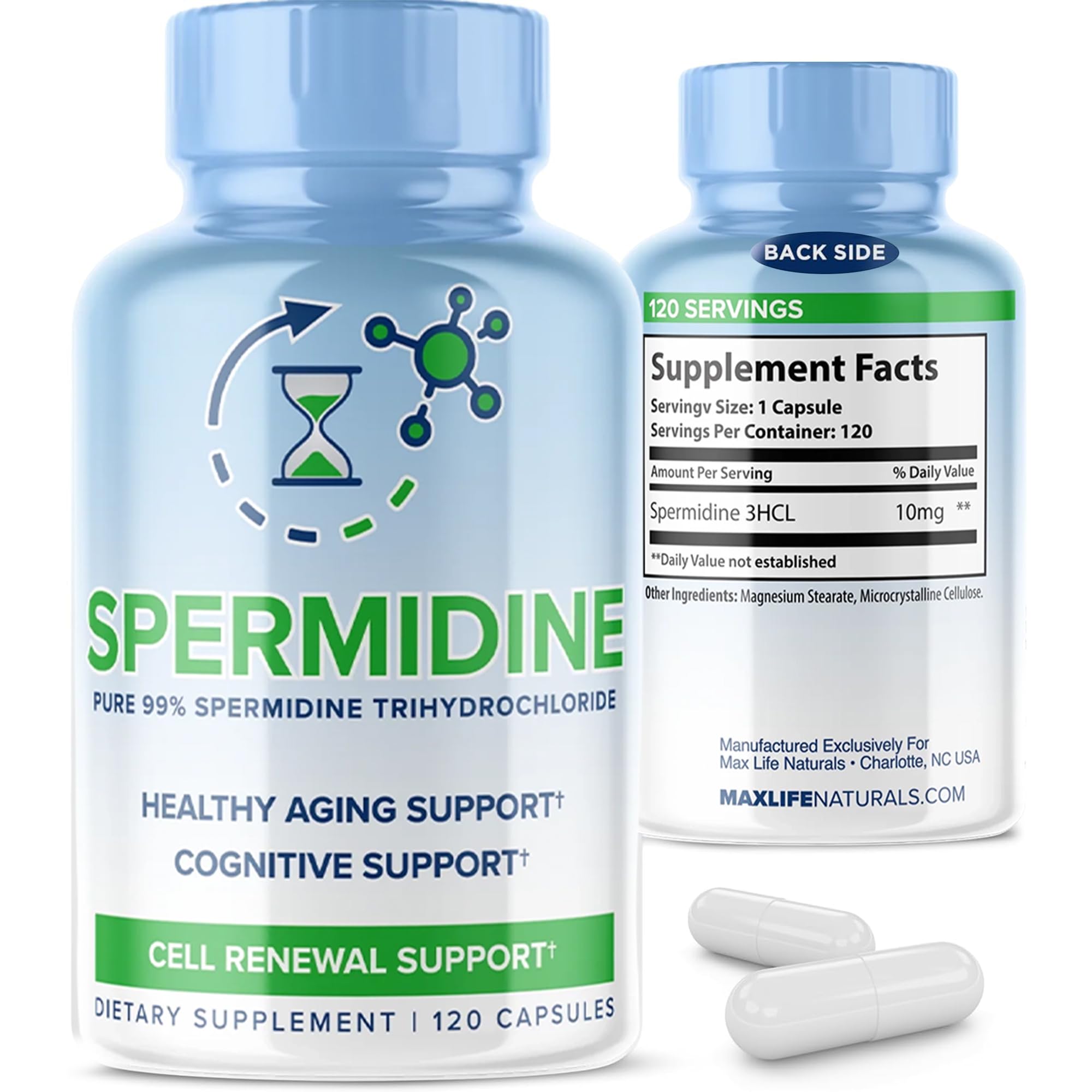 MAXLIFE NATURALS Pure Spermidine 3HCL bottle pour for daily renewal support.
