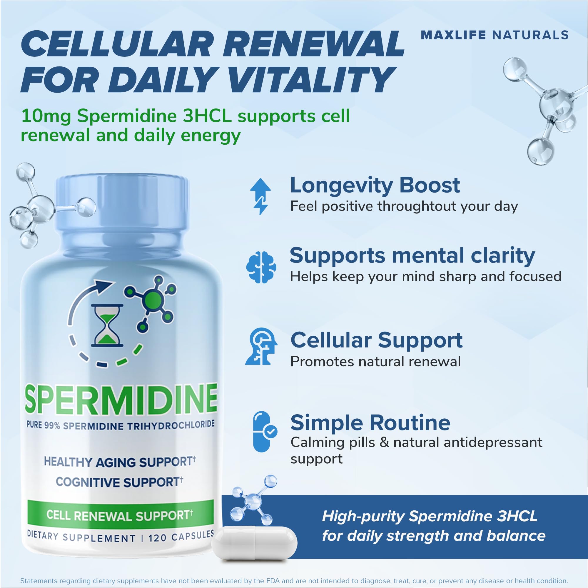 MAXLIFE NATURALS Spermidine 3HCL pack front showing value.