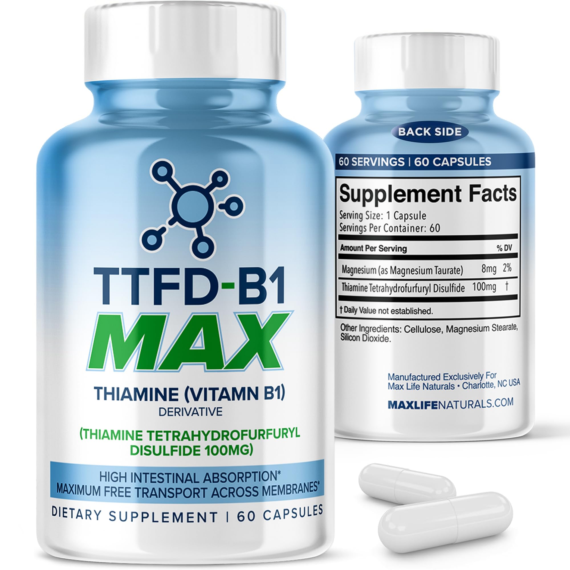 MAXLIFE NATURALS TTFD Thiamine B1 capsules in a bottle for energy and clarity