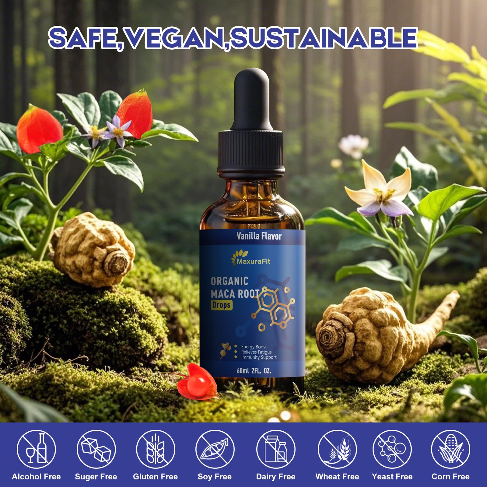 MaxuraFit amber bottle with label communicates vegan formulation