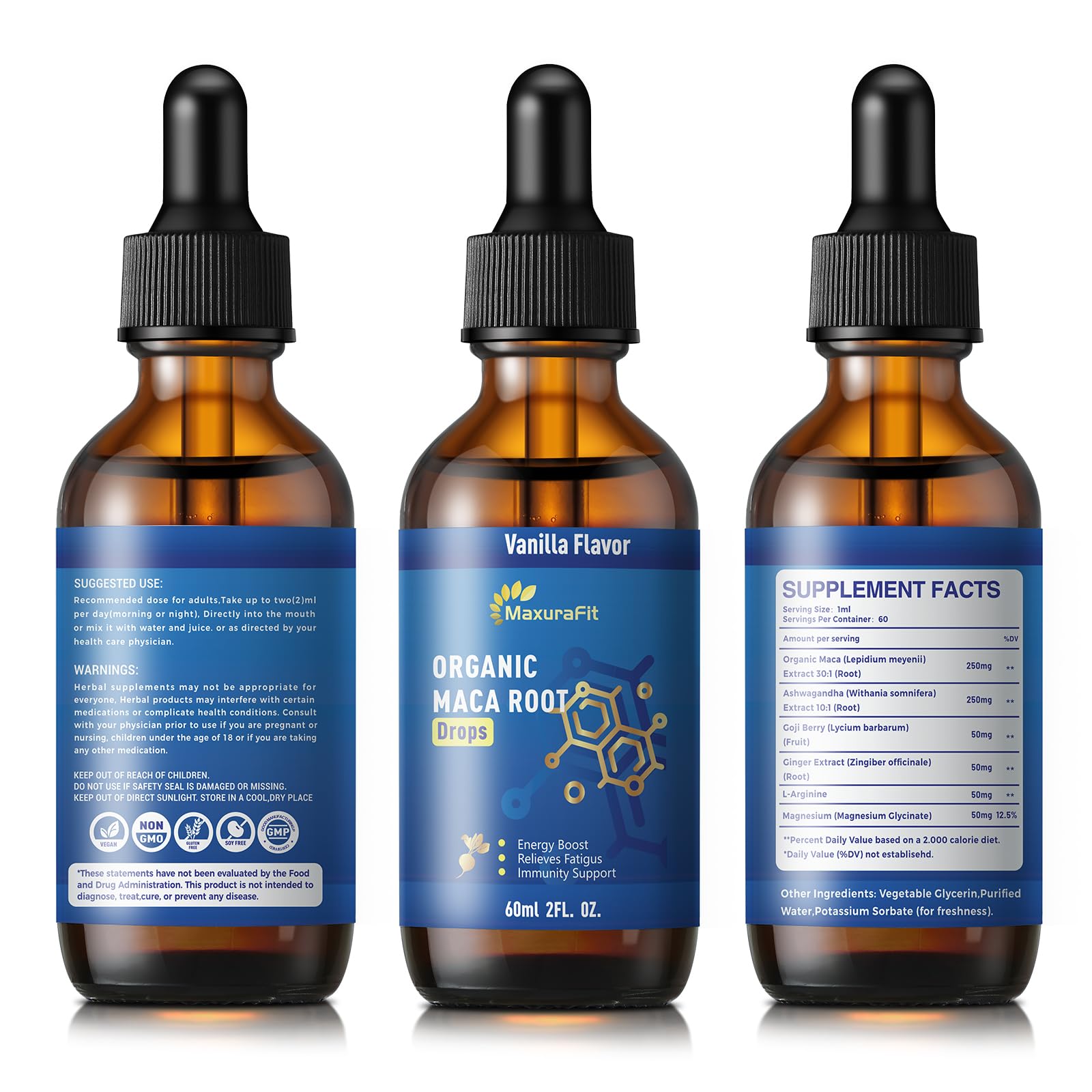 MaxuraFit vegan formula label emphasizes clean, plant-based drops