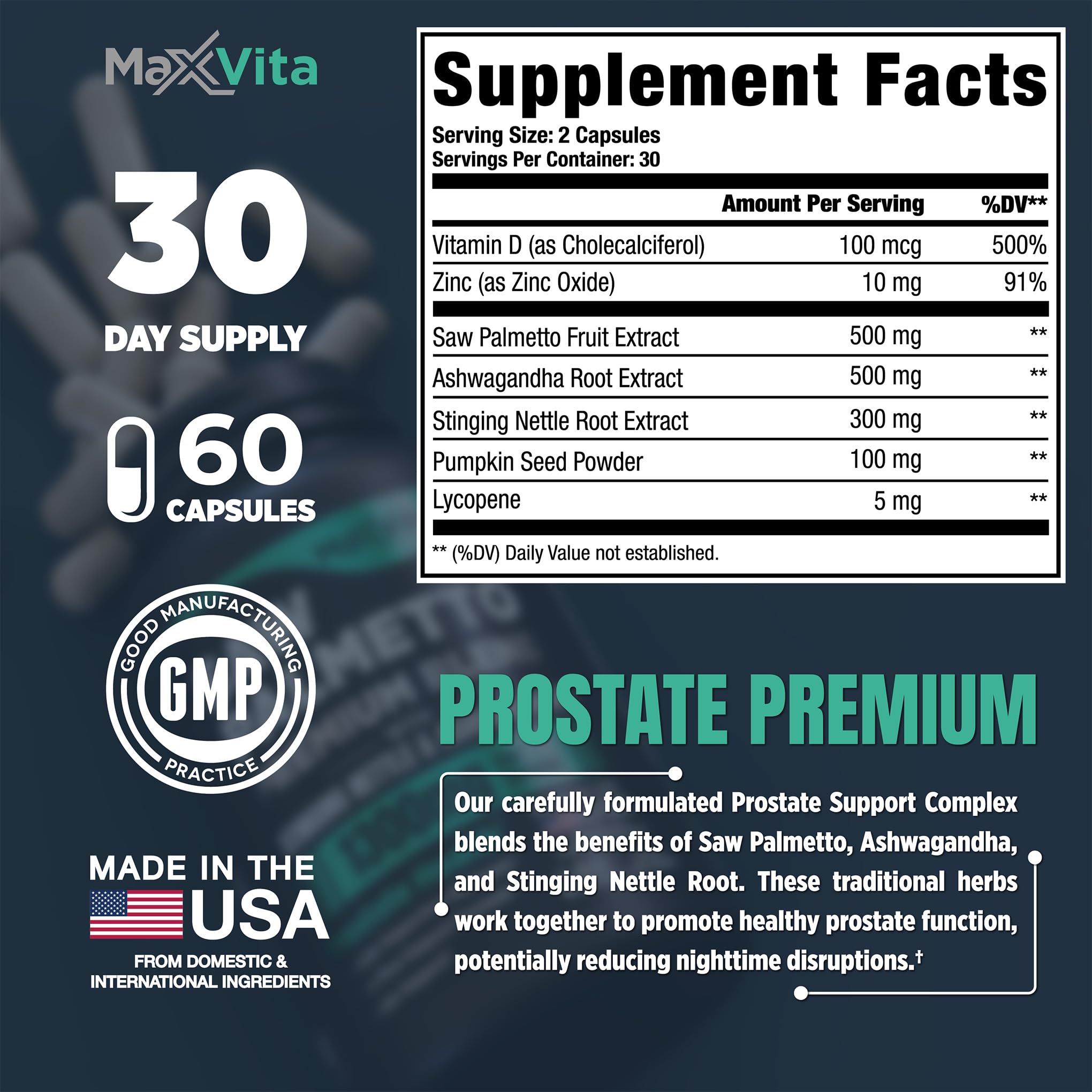 MaxVita Prostate Premium vitamin D and zinc tablets for overall health.