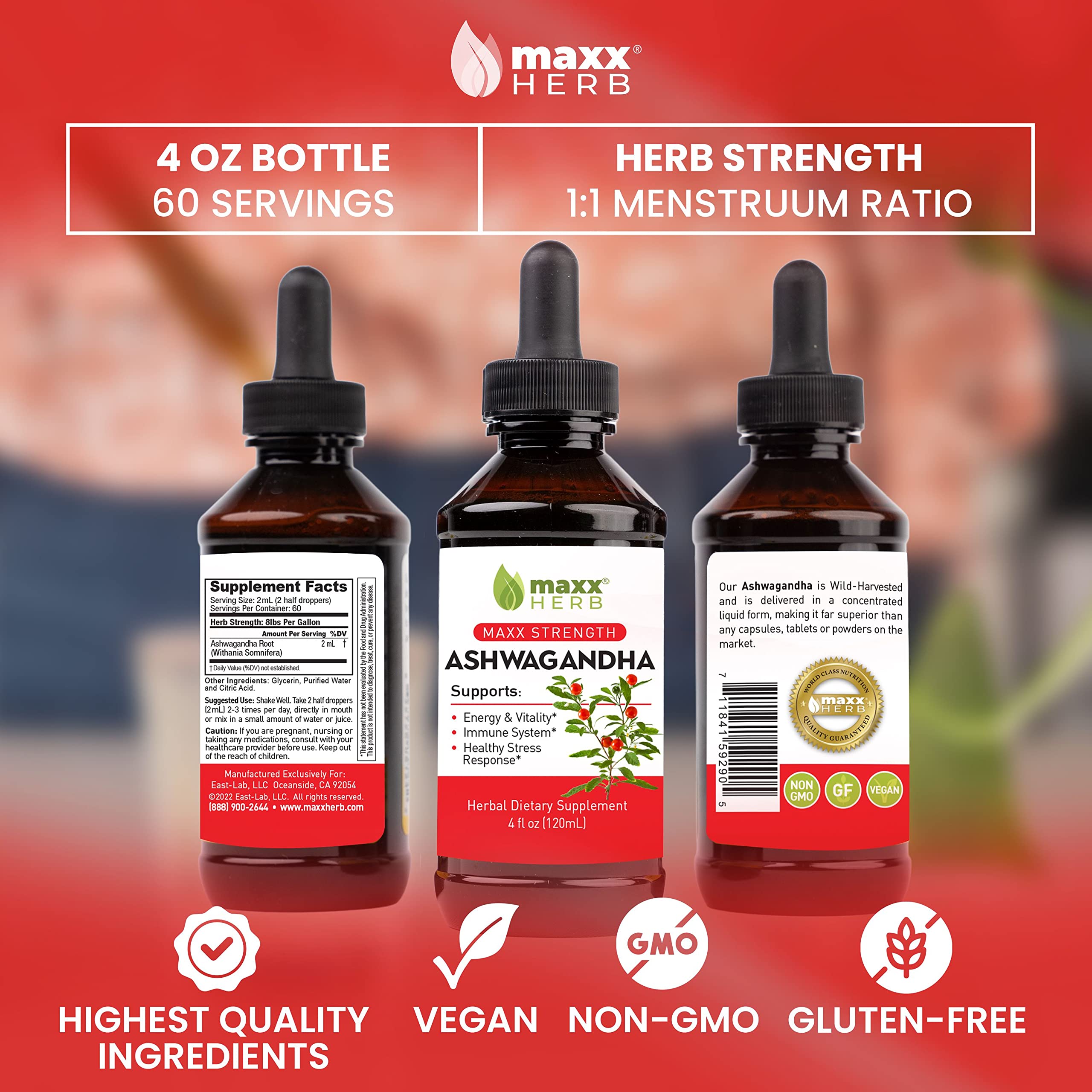 Maxx Herb Ashwagandha Extract amber liquid in a droplet mid-air for quick dosing