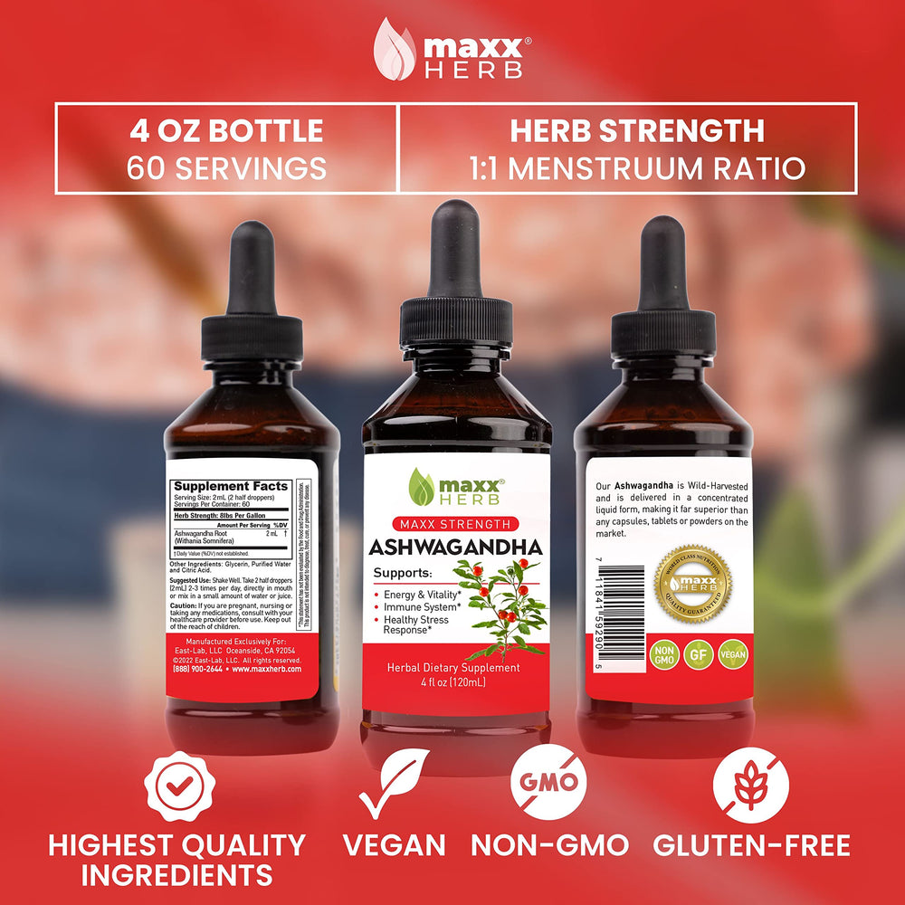 Maxx Herb Ashwagandha Extract amber liquid in a droplet mid-air for quick dosing
