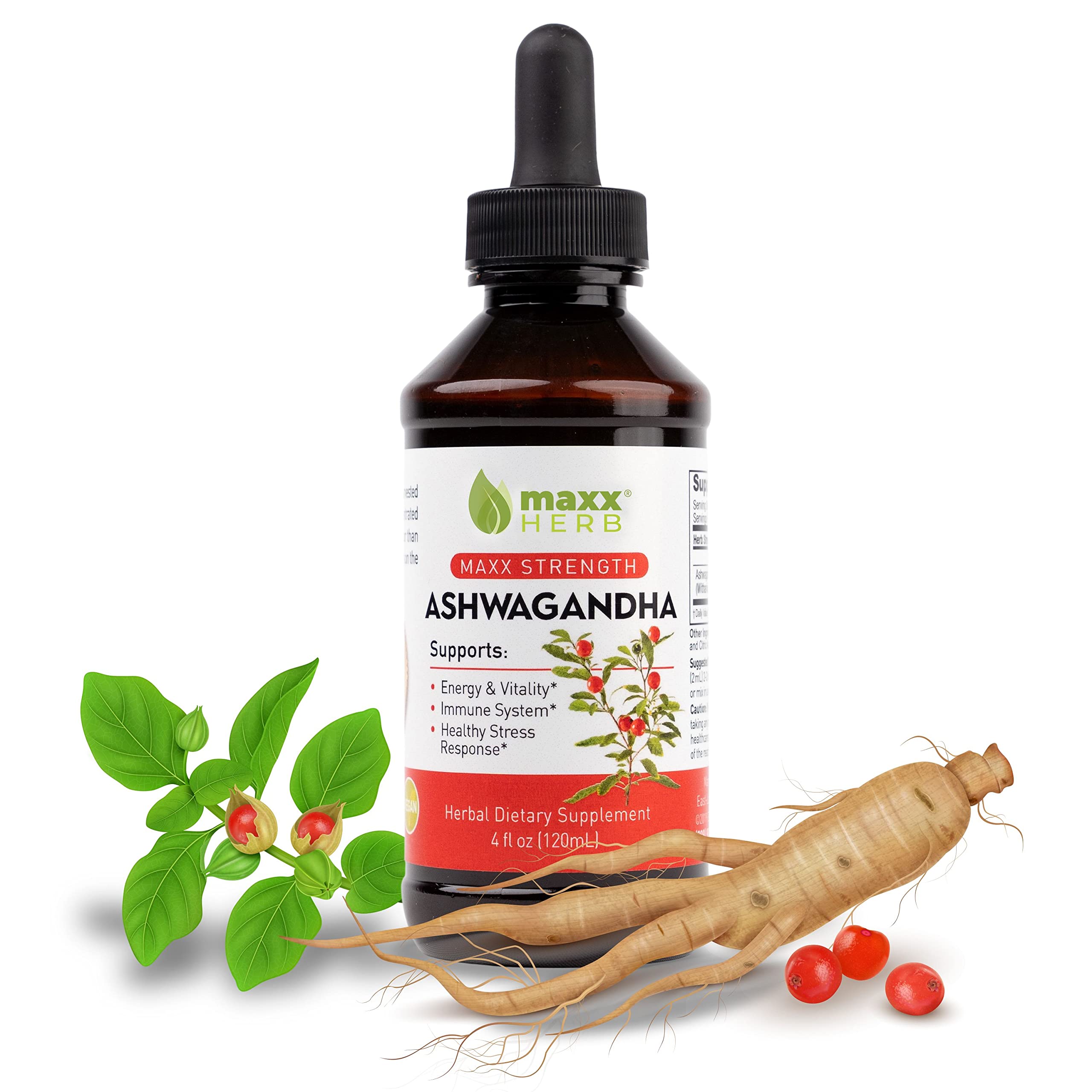 Maxx Herb Ashwagandha Extract bottle with pour shows rich tincture for daily vitality