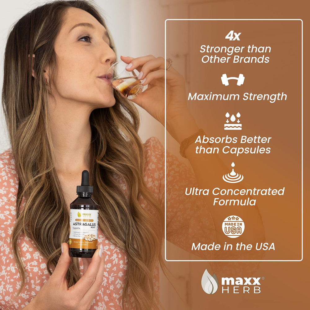 Dropper of Maxx Herb astragalus root extract illustrating easy dosing