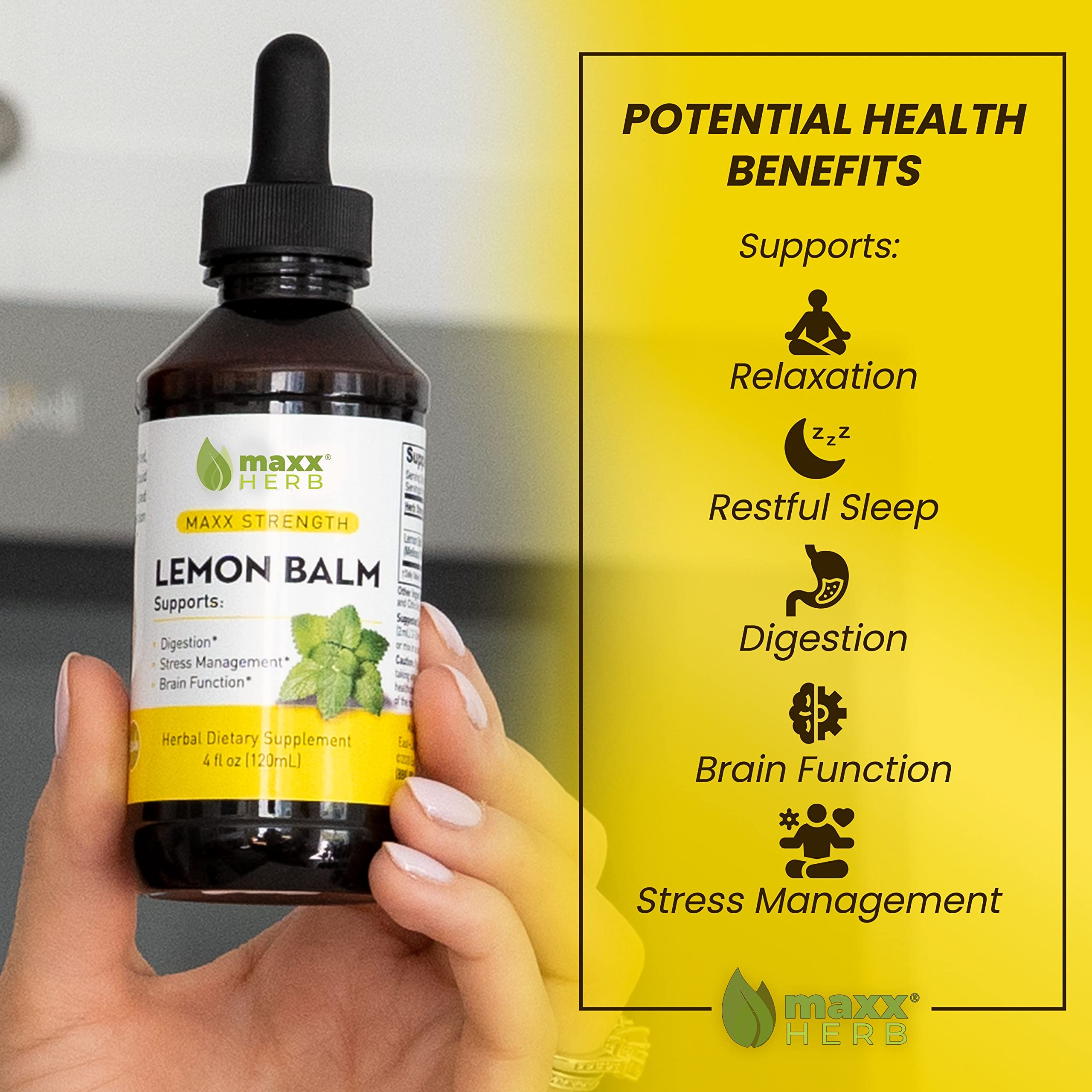 Close-up of Maxx Herb lemon balm dropper highlighting quick-absorption liquid.
