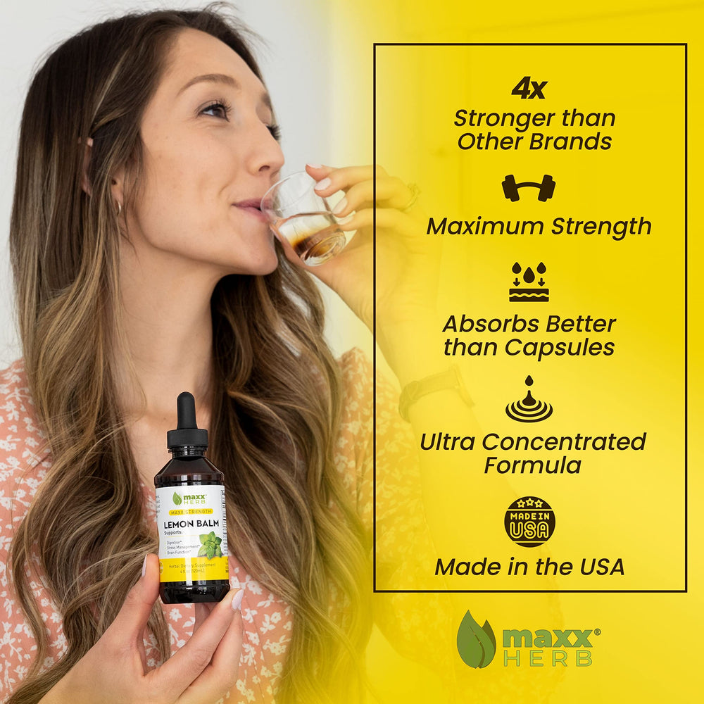 Pouring Maxx Herb Lemon Balm Extract drops for soothing, alcohol-free relaxation before sleep.