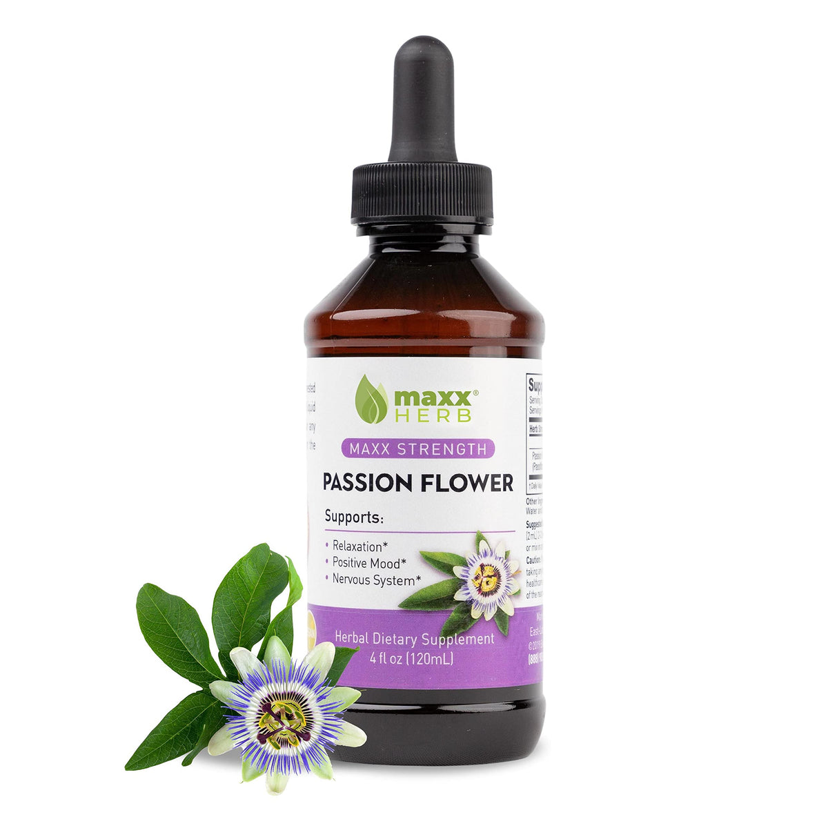 Maxx Herb Passion Flower Extract bottle showing its potent liquid for relaxation