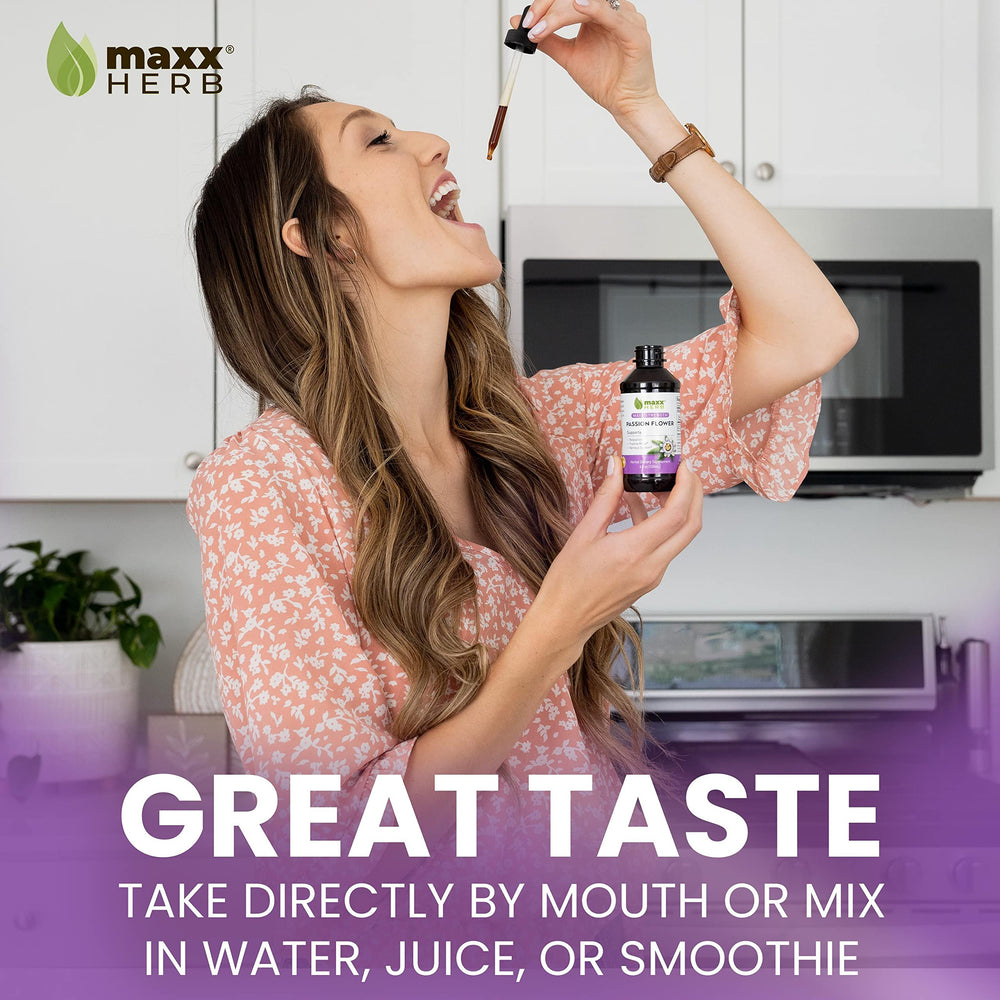 Glass bottle of Maxx Herb Passion Flower Extract with dropper