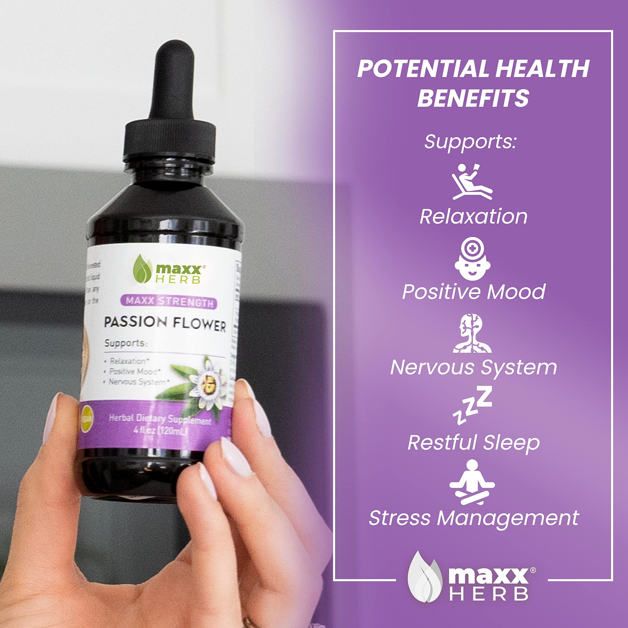 Closeup of Maxx Herb label on passion flower extract for quality details