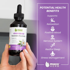 Closeup of Maxx Herb label on passion flower extract for quality details