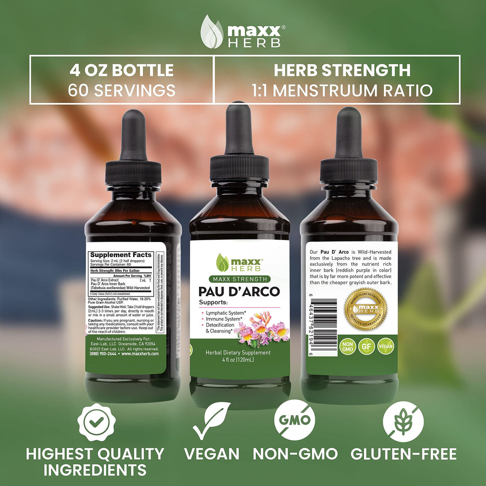 Maxx Herb PAU D'Arco amber glass bottle preserves potency and freshness.