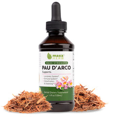 Maxx Herb PAU D'Arco tincture bottle highlights potent inner bark extract for daily wellness support.