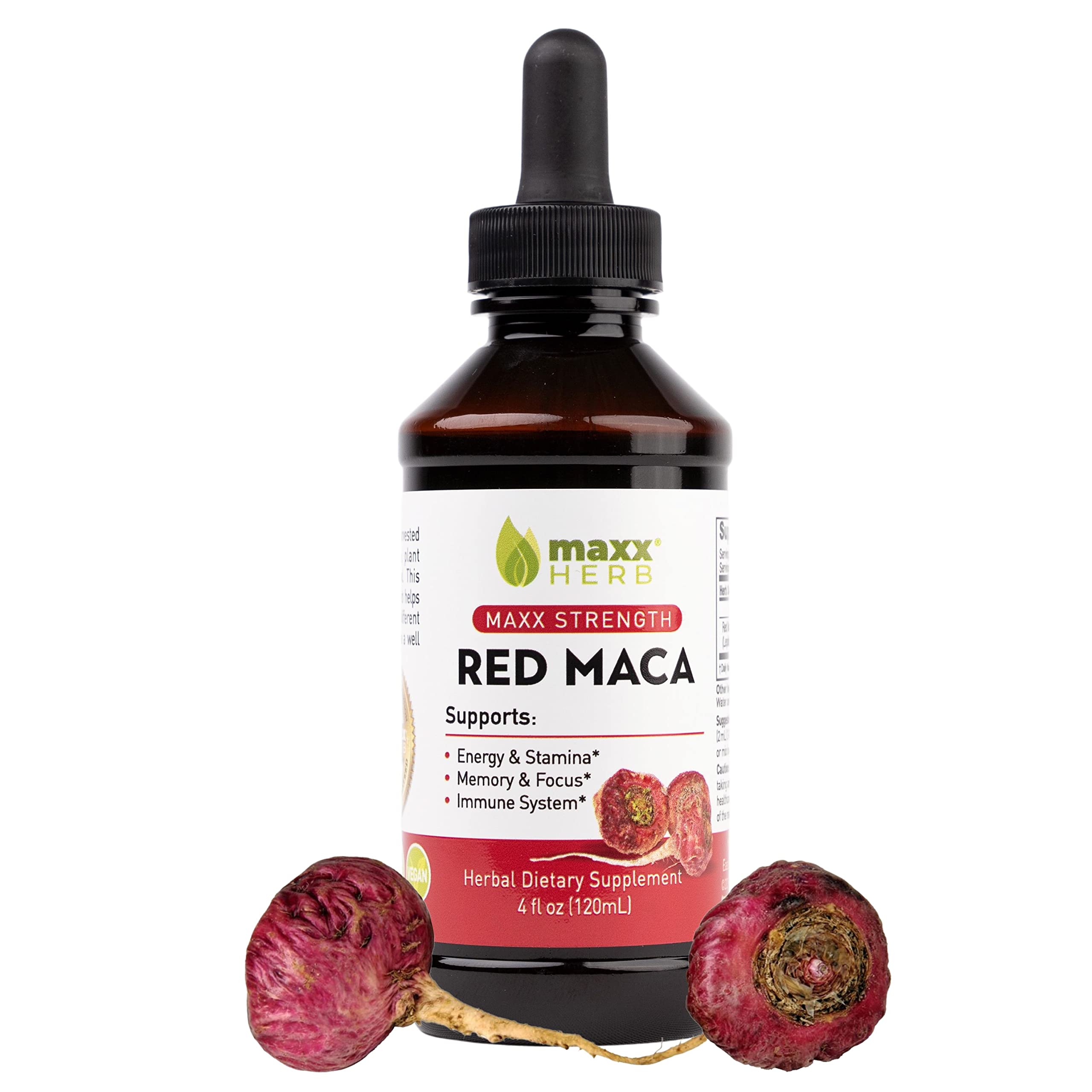 Maxx Herb Red Maca bottle pour for easy dosing and energy support.