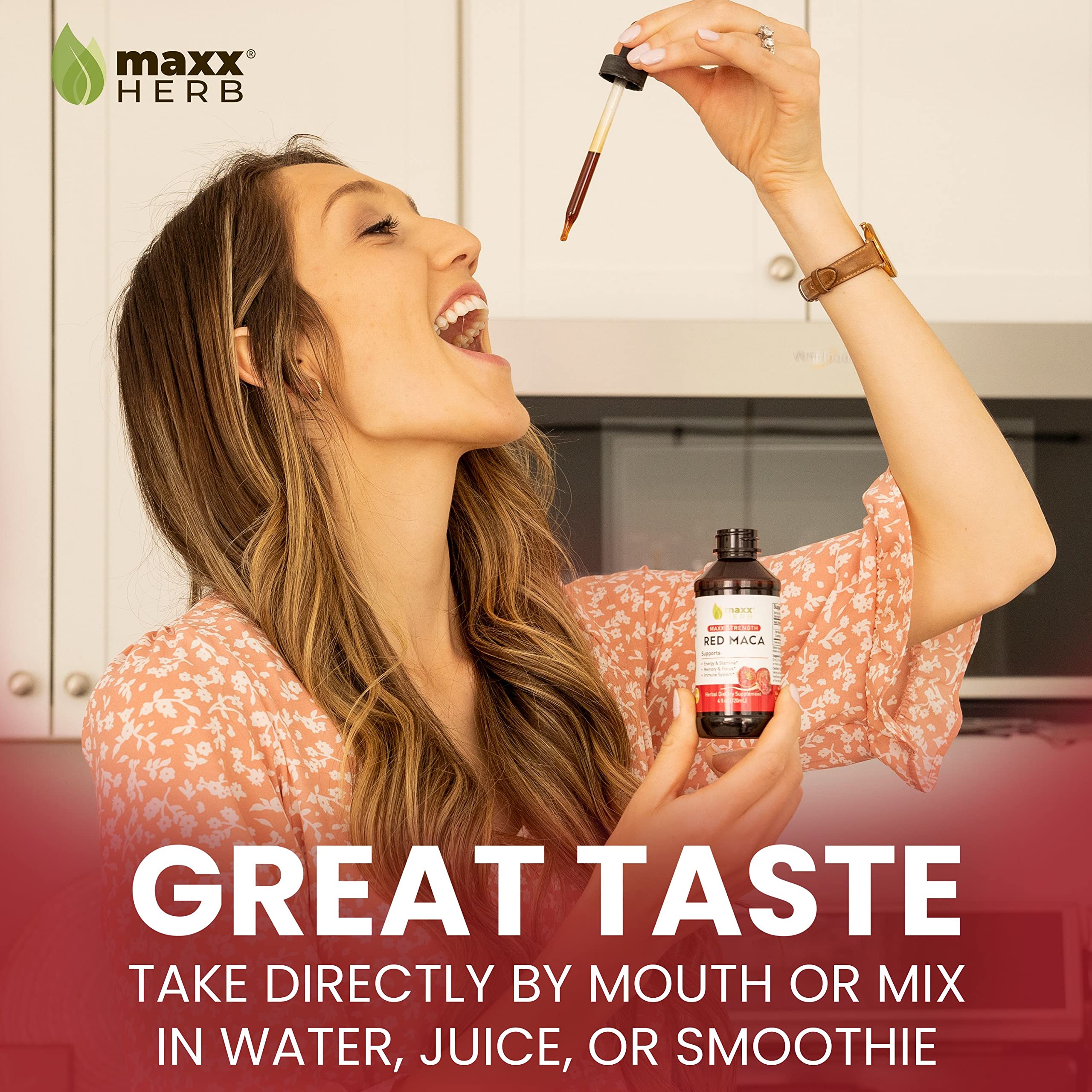 Dropper with 2 mL marks enables precise dosing with Maxx Herb Maca.