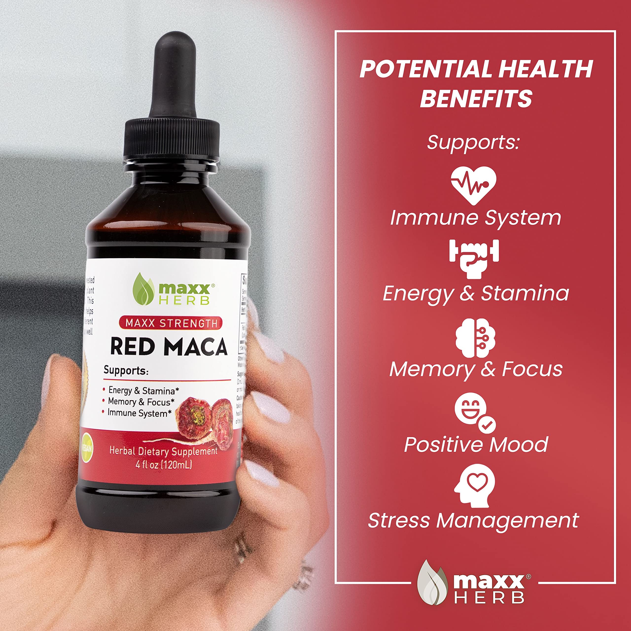 Maxx Herb Red Maca label highlights gluten-free, vegan and non-gmo quality.
