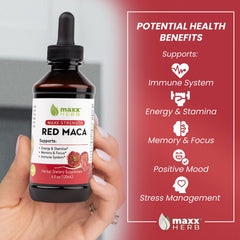 Maxx Herb Red Maca label highlights gluten-free, vegan and non-gmo quality.