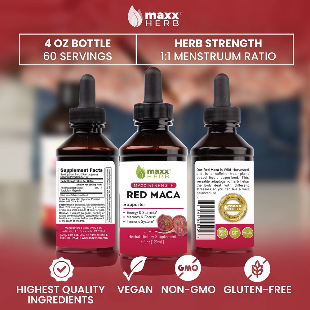 Rich red Maca extract color signals potency in Maxx Herb bottle.