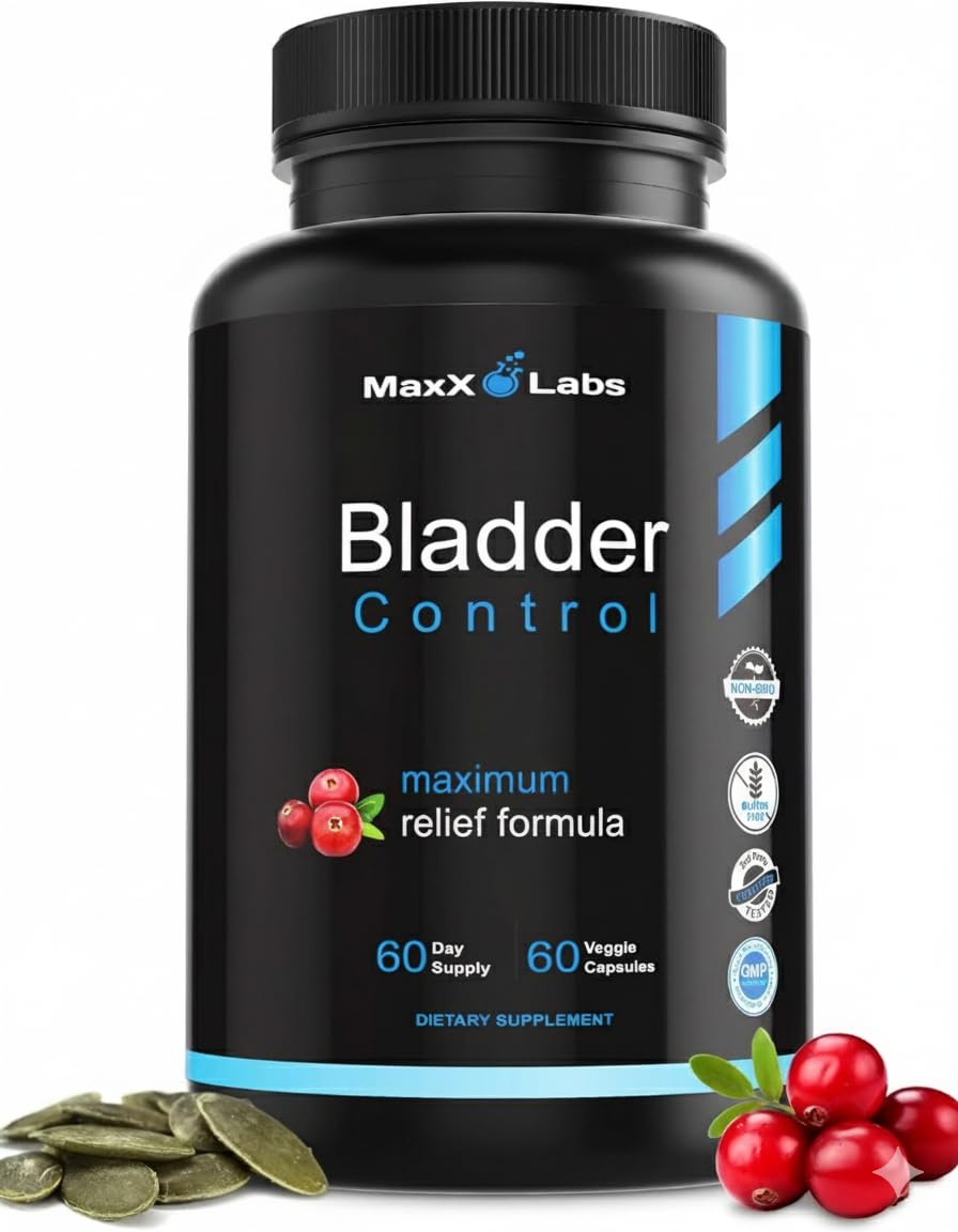 MaxX Labs bladder control supplement bottle on table, supports urinary comfort with a balanced blend.