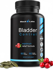MaxX Labs bladder control supplement bottle on table, supports urinary comfort with a balanced blend.