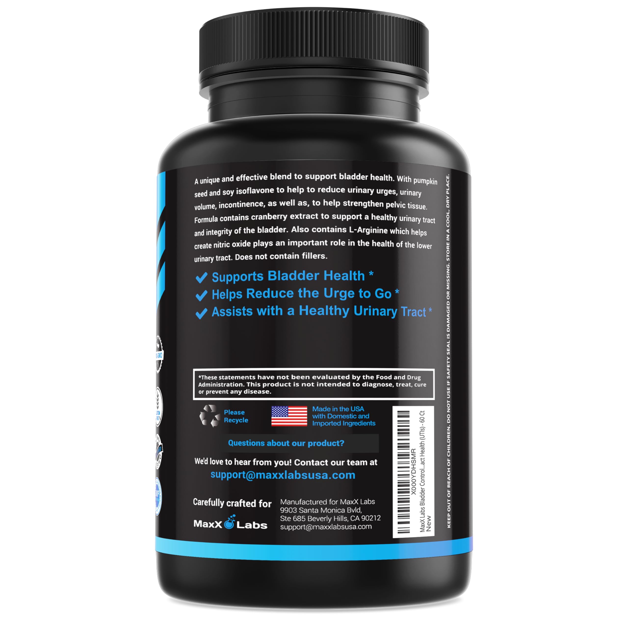Pills next to a glass of water, easy to swallow MaxX Labs daily capsules.