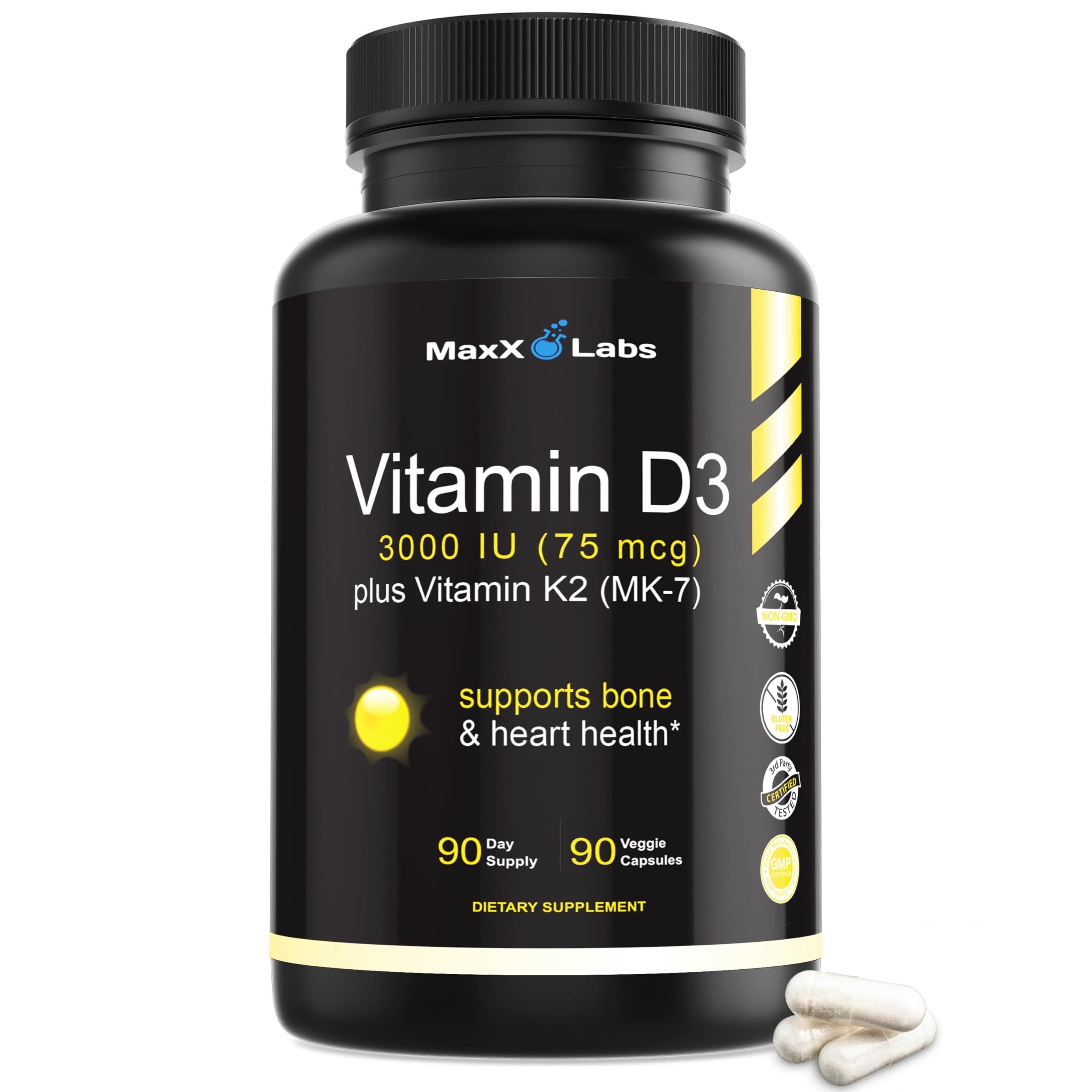 MaxX Labs Vitamin D3 K2 bottle front view highlights high potency and bone support.
