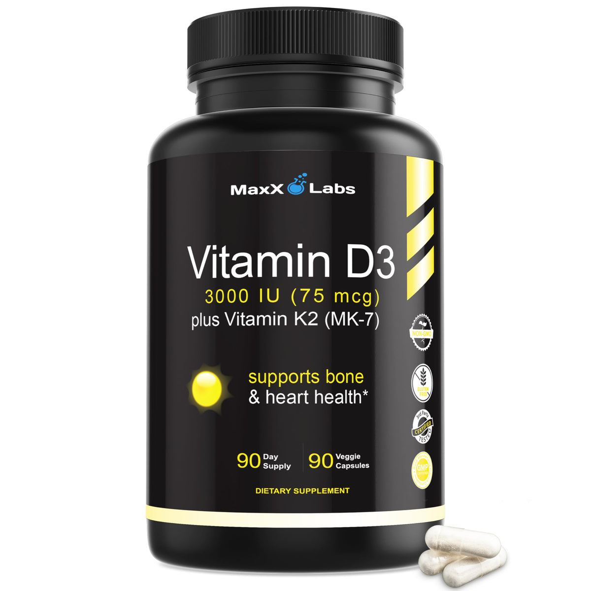 MaxX Labs Vitamin D3 K2 bottle front view highlights high potency and bone support.