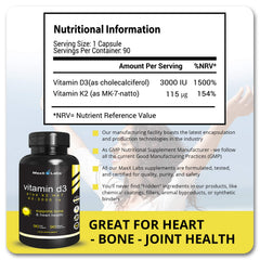 MaxX Labs bottle label shows D3 K2 MK-7 content for heart support.