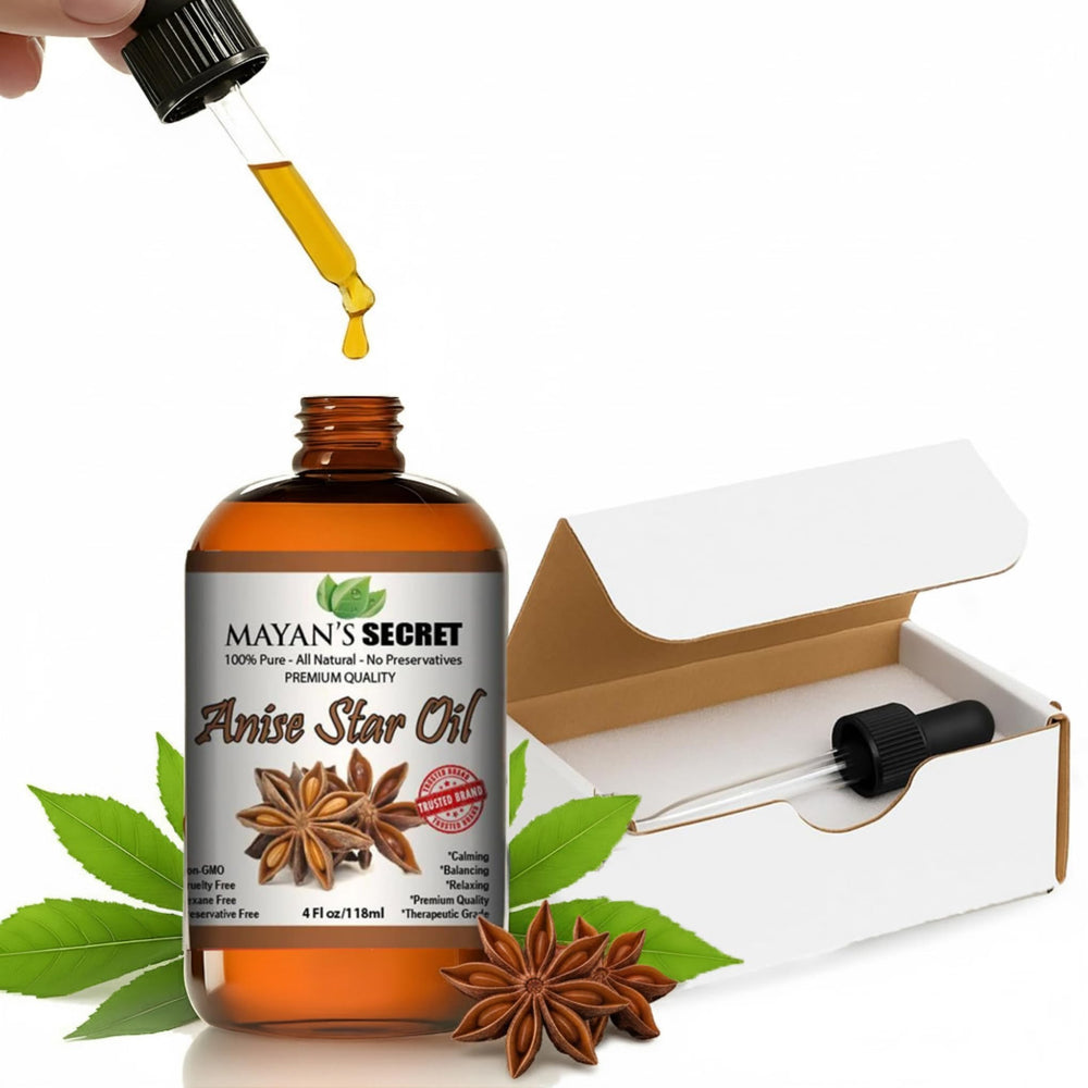 Mayan's Secret star anise bottle in amber preserves purity for baking and aromatherapy.