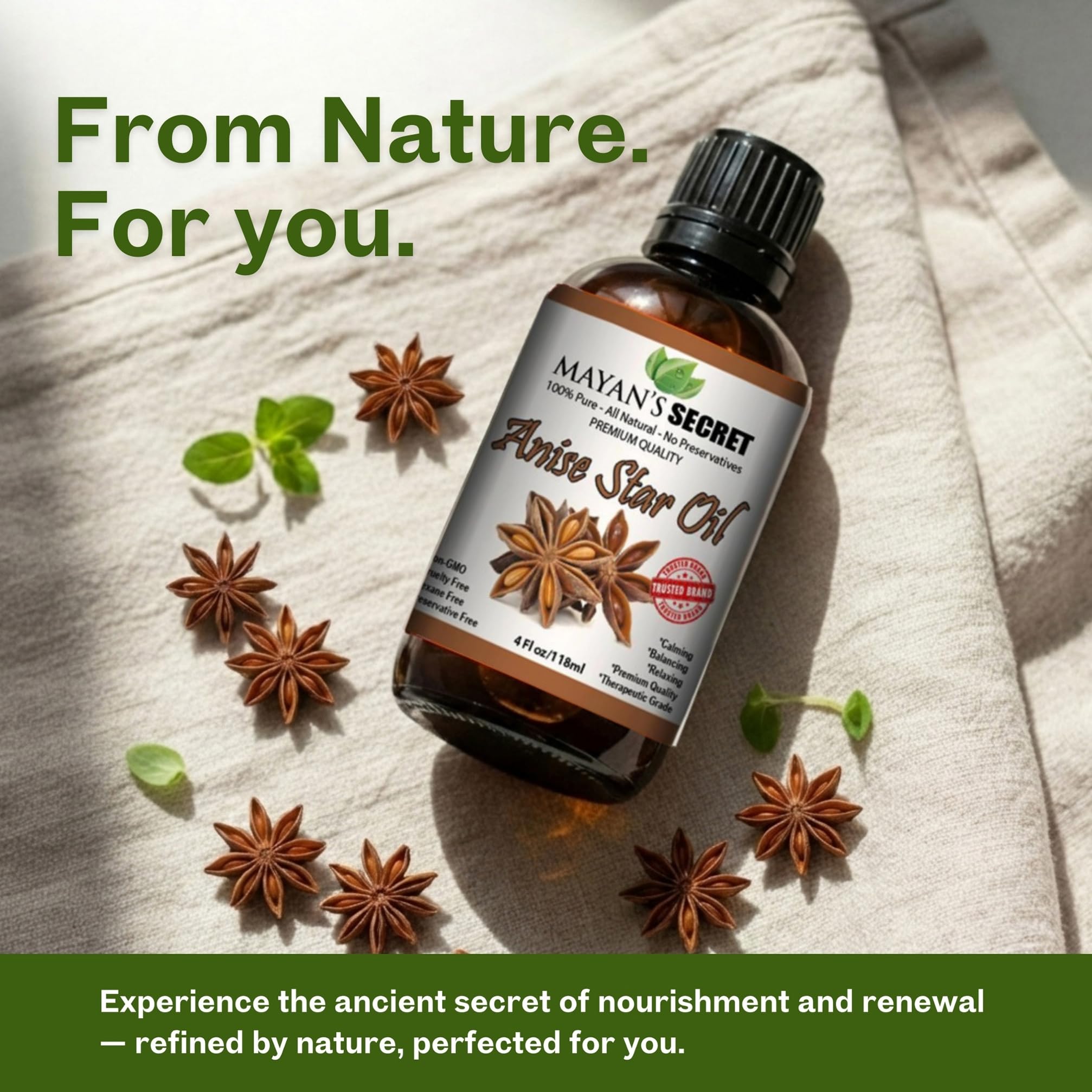 Mayan's Secret star anise spice jar on shelf highlights plant-based ingredient.
