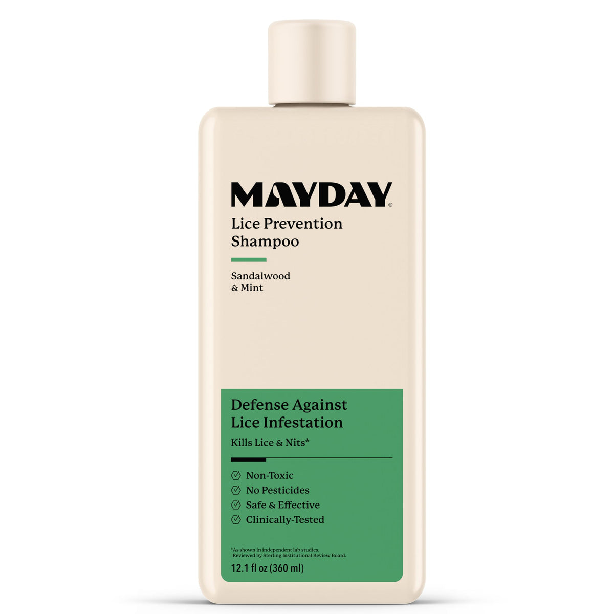 MAYDAY Lice Prevention Shampoo bottle being poured, showing a non-toxic formula for families.