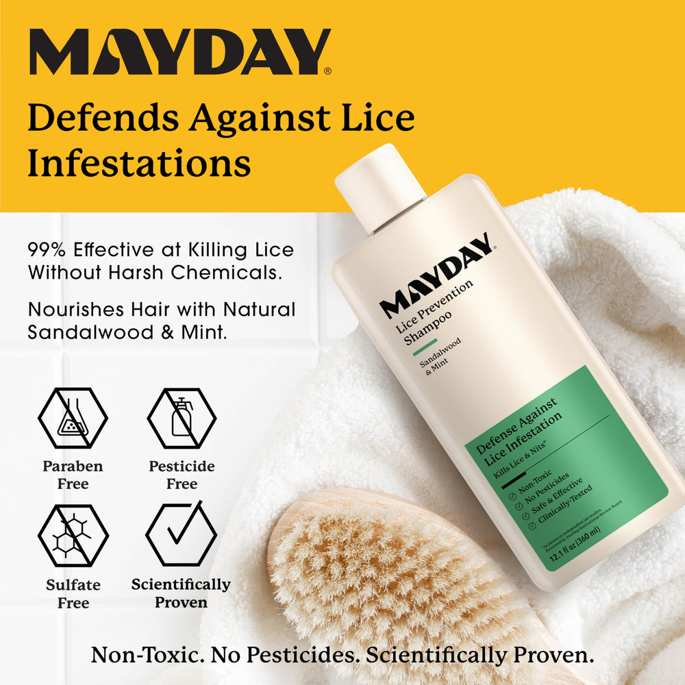 MAYDAY Lice Prevention Shampoo label closeup highlighting pesticide-free, safe-for-all-hair-types formula.