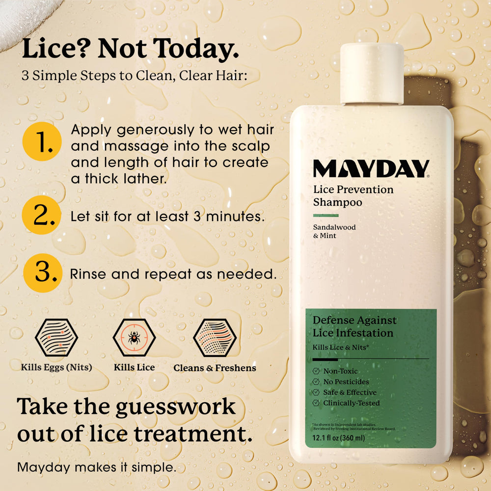 MAYDAY Lice Prevention Shampoo lather close-up illustrating gentle cleansing for kids and adults.