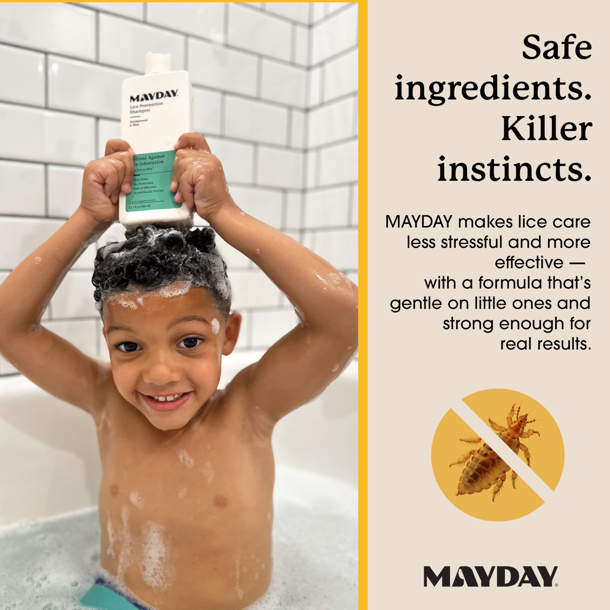MAYDAY Lice Prevention Shampoo non-toxic formula emphasizes safe family care for daily use.