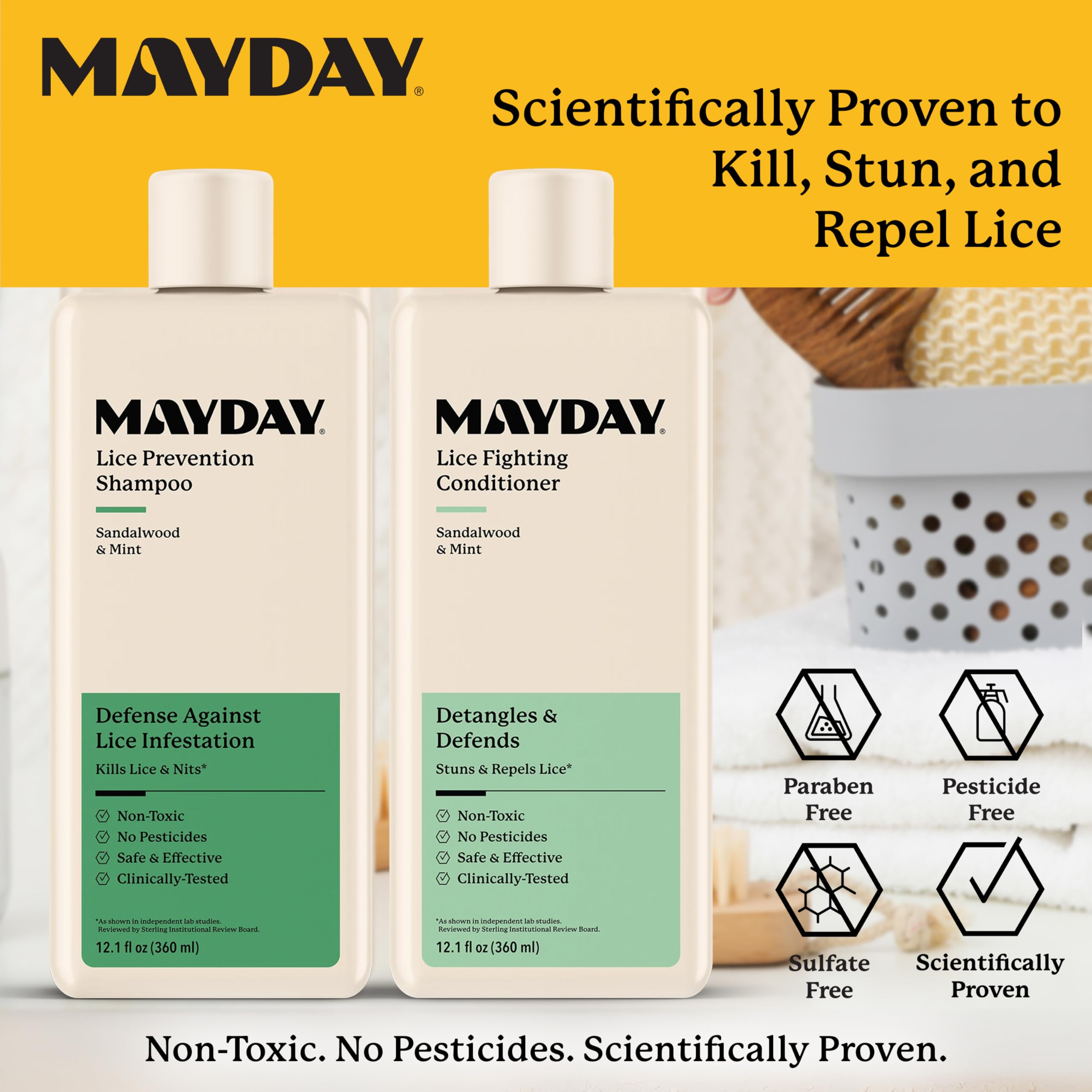 Sandalwood and mint ingredients highlight non-toxic lice care on MAYDAY packaging.