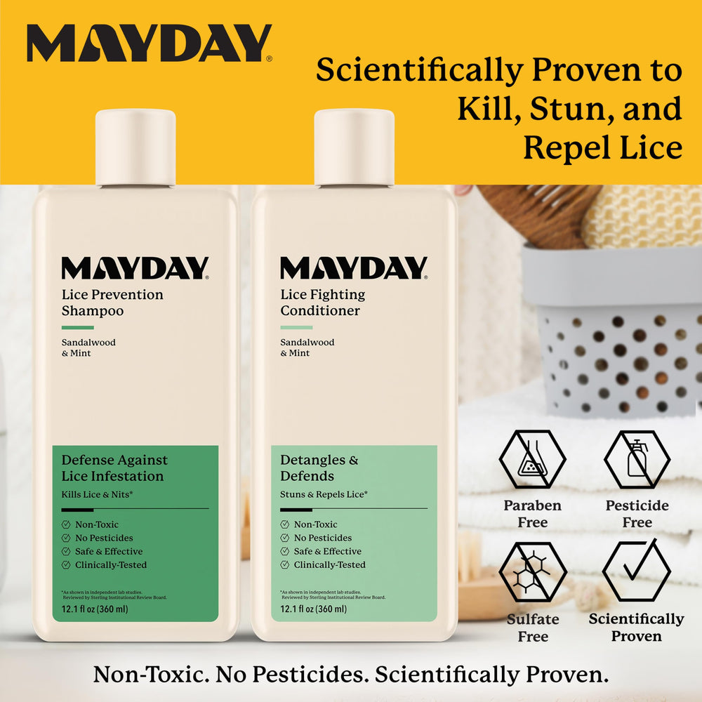 Sandalwood and mint ingredients highlight non-toxic lice care on MAYDAY packaging.