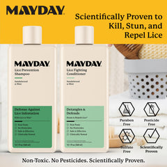 Sandalwood and mint ingredients highlight non-toxic lice care on MAYDAY packaging.