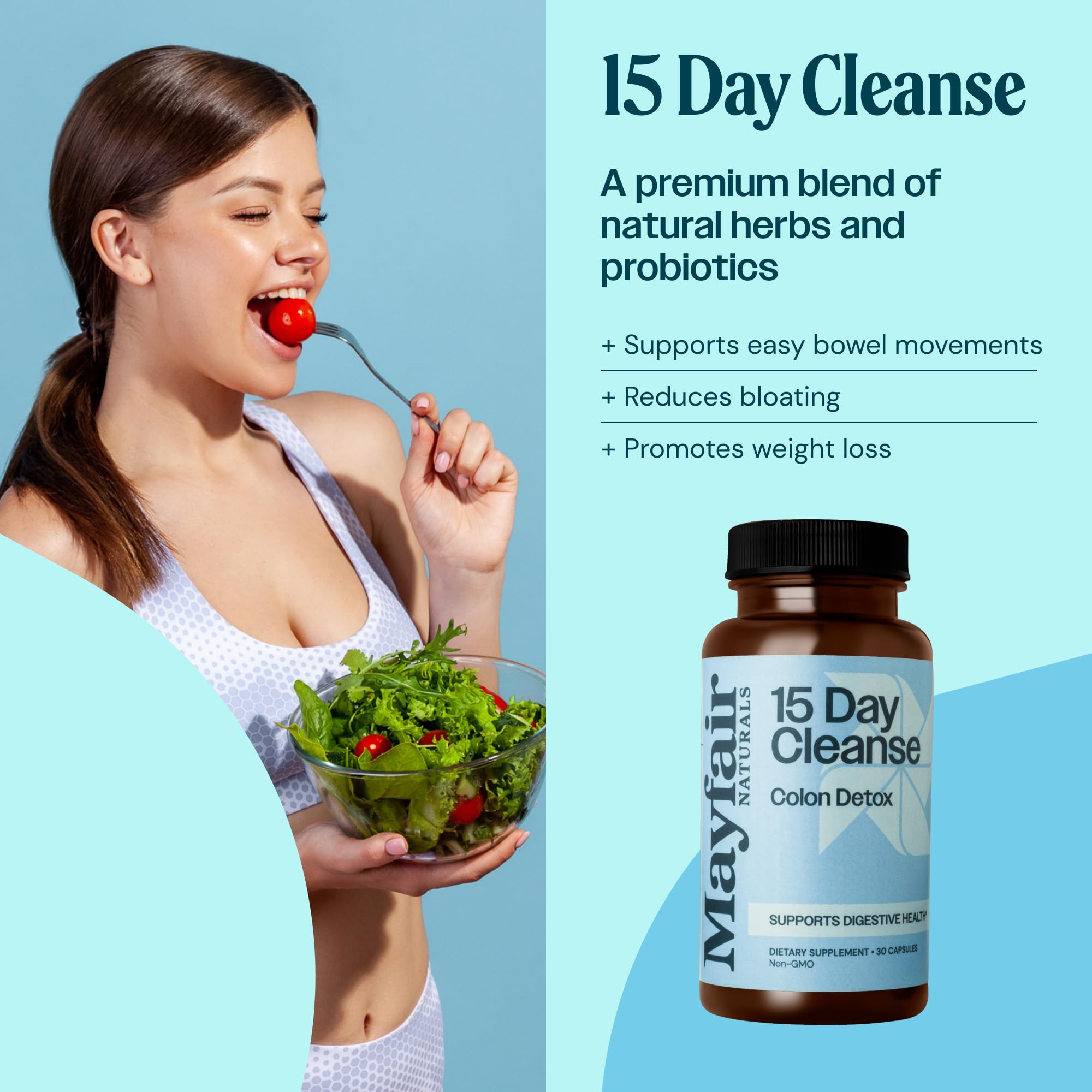 Close-up of Mayfair Naturals 15 Day Cleanse capsules for easy daily use