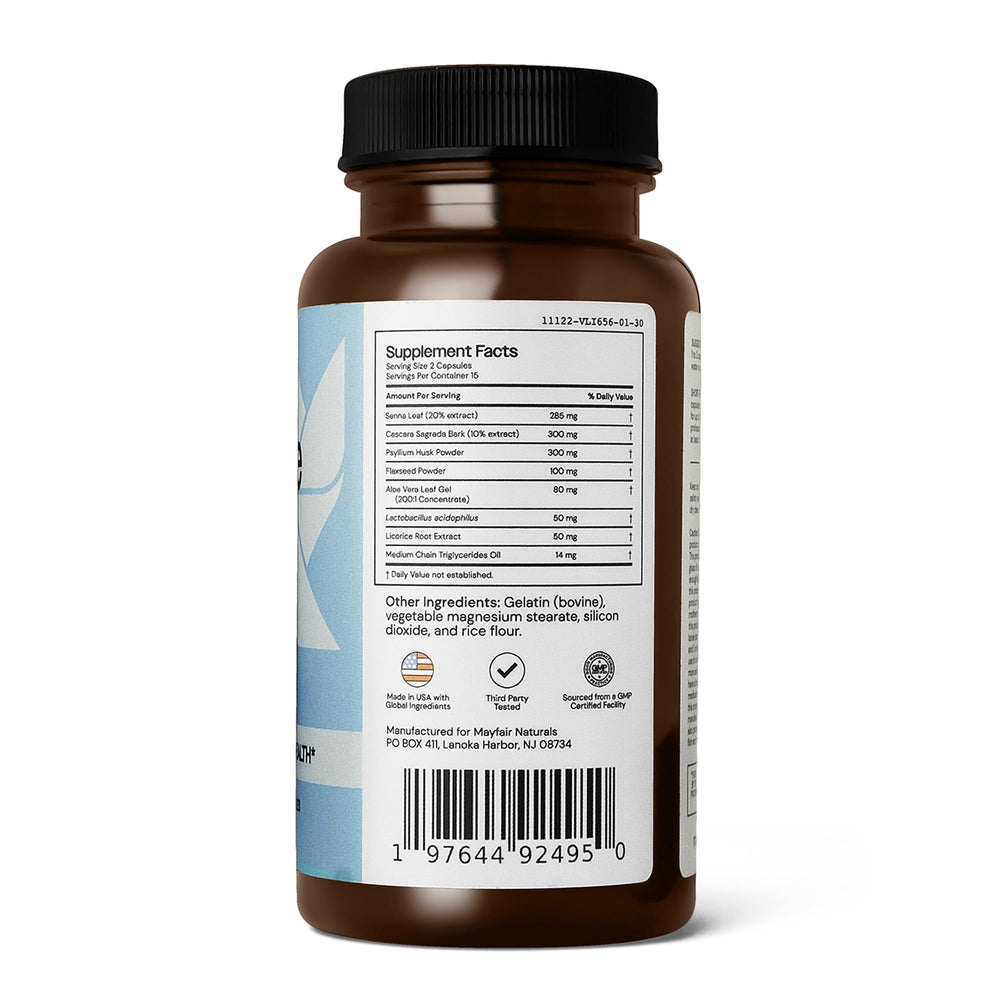 Label close-up of Mayfair Naturals 15 Day Cleanse highlighting non-GMO quality