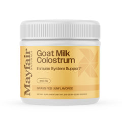 Mayfair Naturals goat milk colostrum powder tub supports immune and gut health.