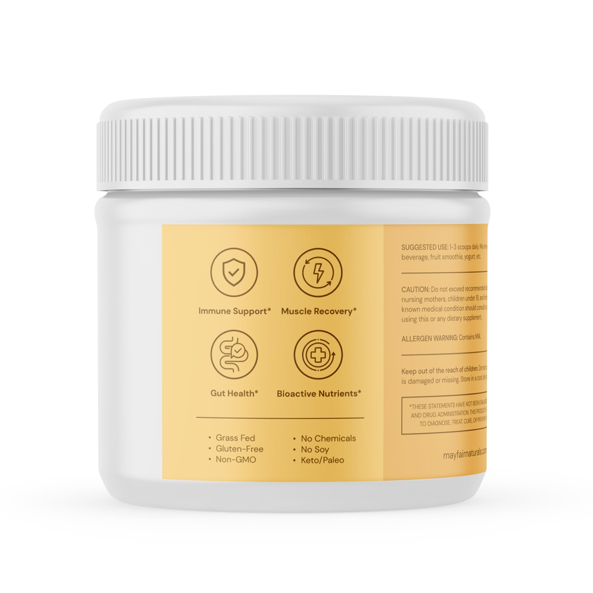 Mayfair Naturals colostrum powder blends into smoothies for daily use.