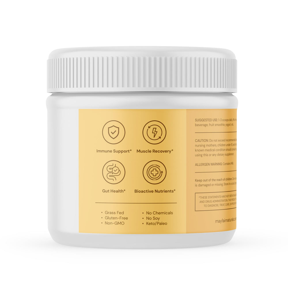 Mayfair Naturals colostrum powder blends into smoothies for daily use.
