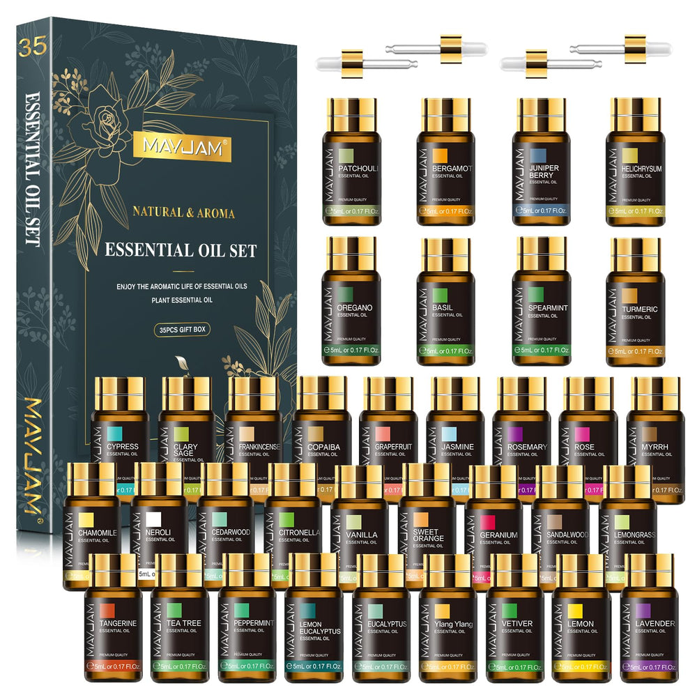 MAYJAM 35x5ml set packaging with diverse oils ready for gifting and diffuser use.