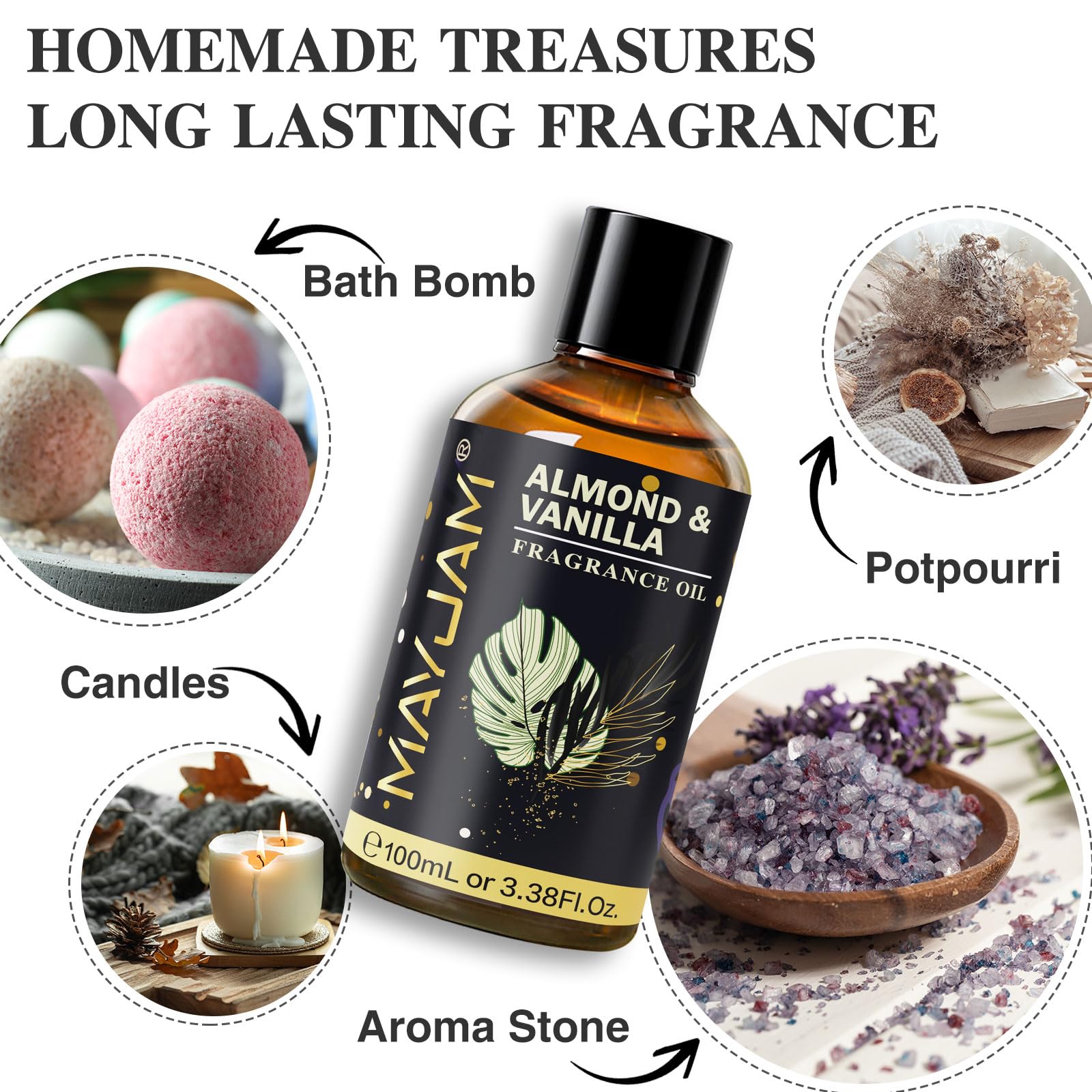 MAYJAM room spray features almond-vanilla aroma for quick refresh.