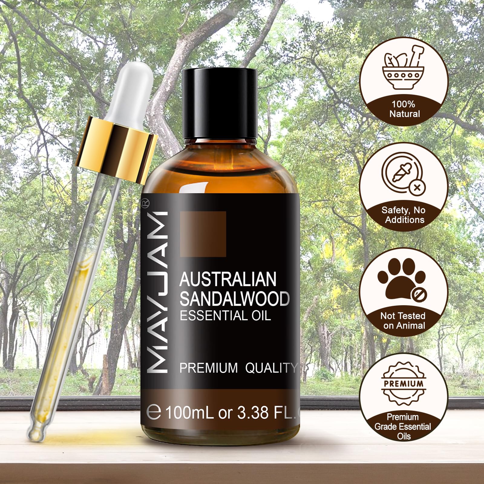 MayJAM Australian Sandalwood oil blends with rose for refined scent.