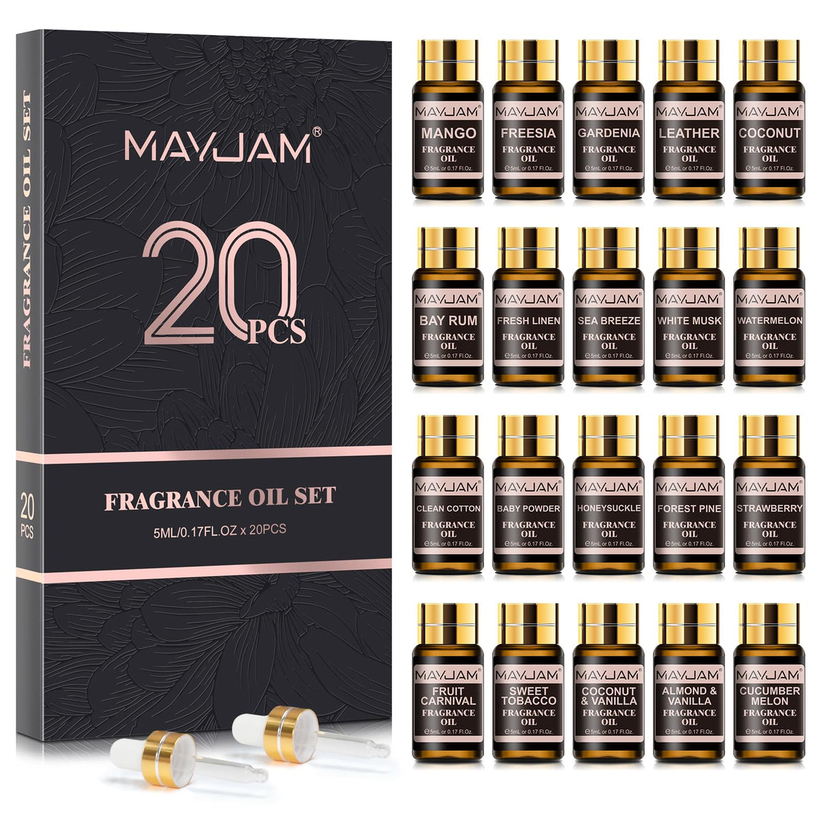 MAYJAM fragrance oil set packaging with 20x5ml bottles for diffuser-ready scents